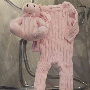 Pink Cable Knit Baby Onesie With Matching Teddy Bear